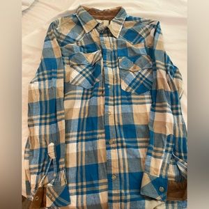 Men’s Legendary Whitetail flannel - blue, cream & tan. Size Large.